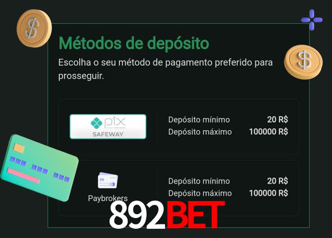 O cassino 892Bet oferece uma grande variedade de métodos de pagamento